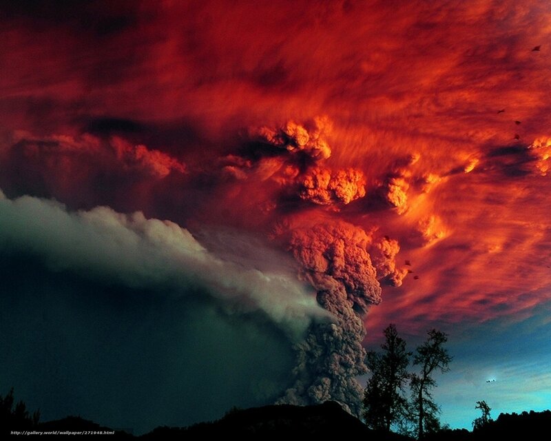 Volcanic Eruption — Red, Dramatic, Night, Photograph, Ash Cloud, Trees, Sky