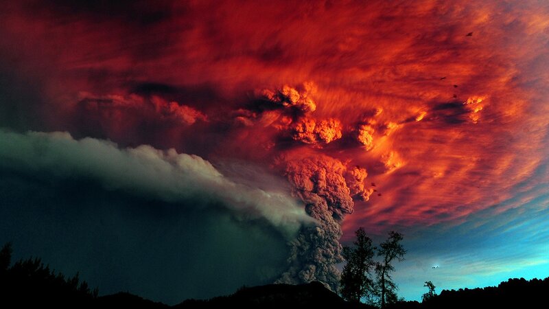 Volcanic Eruption — Red, Dramatic, Night, Photograph, Clouds, Trees, Sky