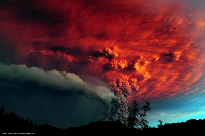 Volcanic Eruption — Red, Dramatic, Night, Photograph, Clouds, Trees