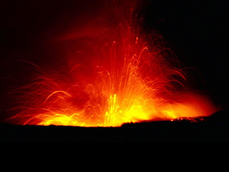 Volcanic Eruption — Red, Dramatic, Night, Photograph, Lava, Magma