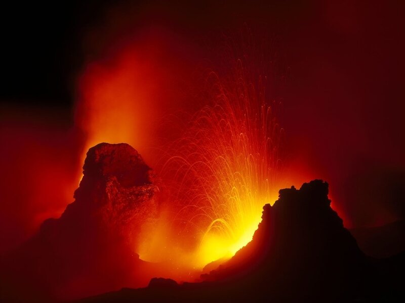 Volcanic Eruption — Red, Dramatic, Night, Photograph, Lava, Rock, Smoke