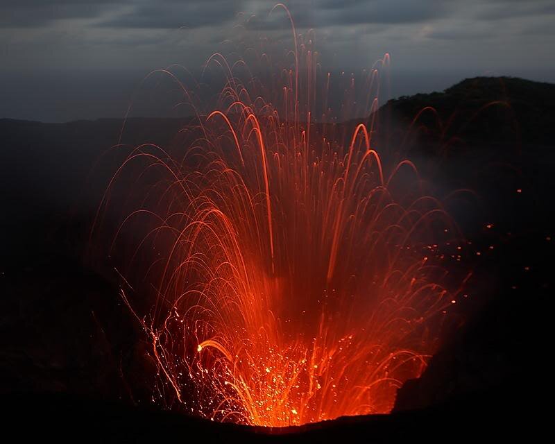 Volcanic Eruption — Red, Dramatic, Night, Photograph, Lava, Smoke, Mountain