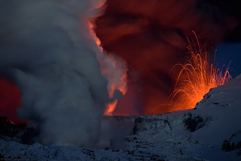 Volcanic Eruption — Red, Dramatic, Night, Photograph, Lava, Smoke, Snow