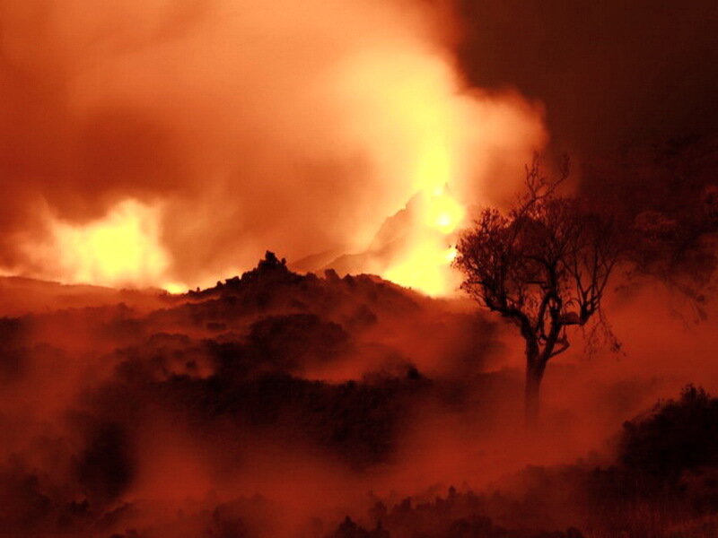 Volcanic Eruption — Red, Dramatic, Night, Photograph, Lava, Smoke
