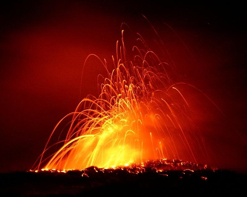 Volcanic Eruption — Red, Dramatic, Night, Photograph, Lava, Sparks, Night Sky