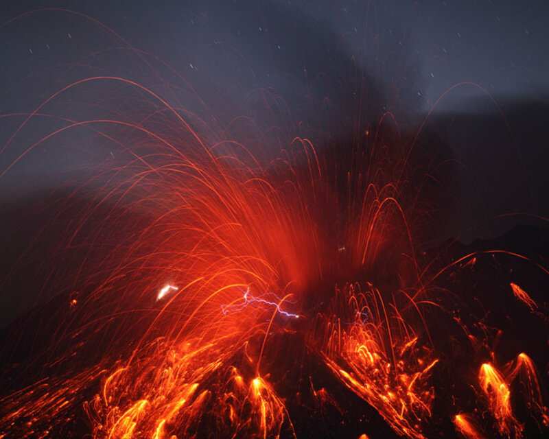 Volcanic Eruption — Red, Dramatic, Night, Photograph, Lava, Sparks