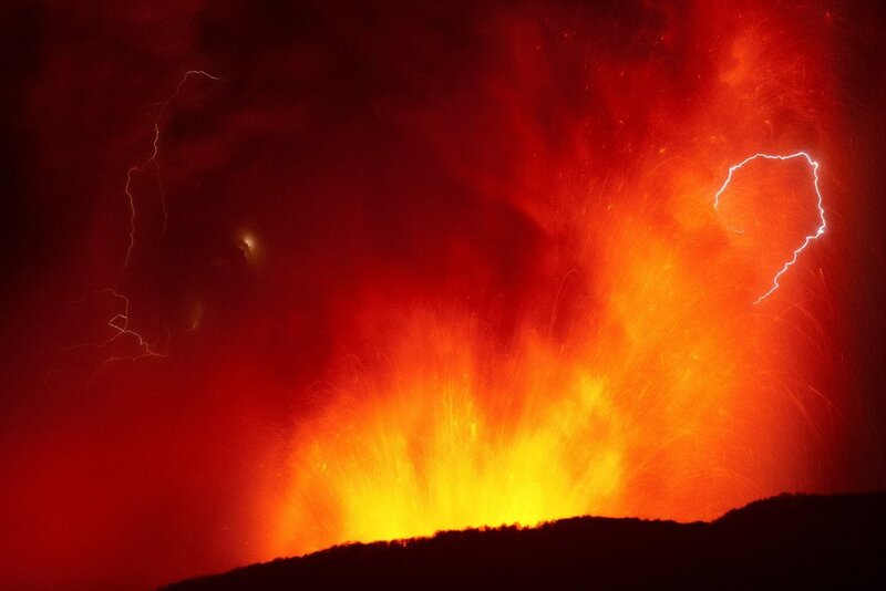 Volcanic Eruption — Red, Dramatic, Night, Photograph, Lightning