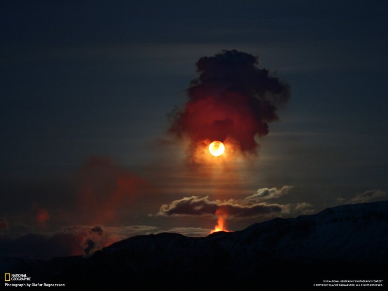 Volcanic Eruption — Red, Dramatic, Night, Photograph, Sun