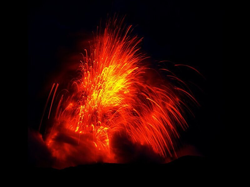 Volcanic Eruption — Red, Dramatic, Night, Photograph