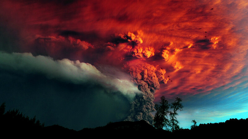 Volcanic Eruption — Red, Dramatic, Sunset, Photograph, Ash Cloud