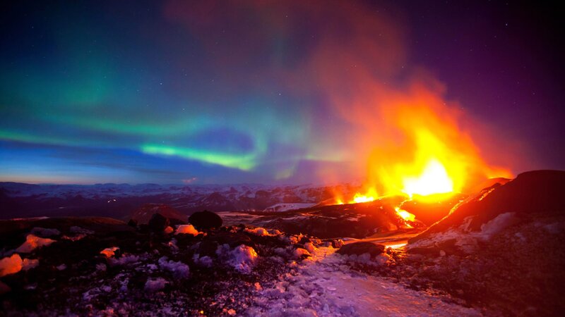 Volcanic Eruption with Aurora — Green, Dramatic, Night