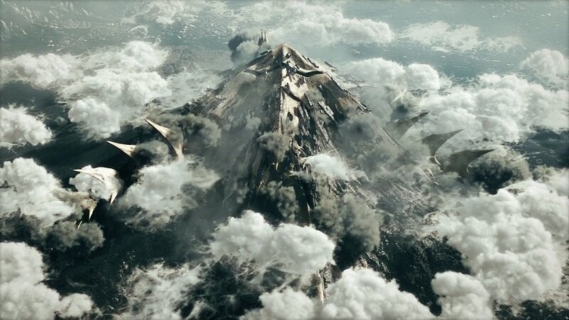 volcanic eruption with flying creatures
