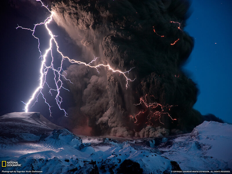 Volcanic eruption with lightning