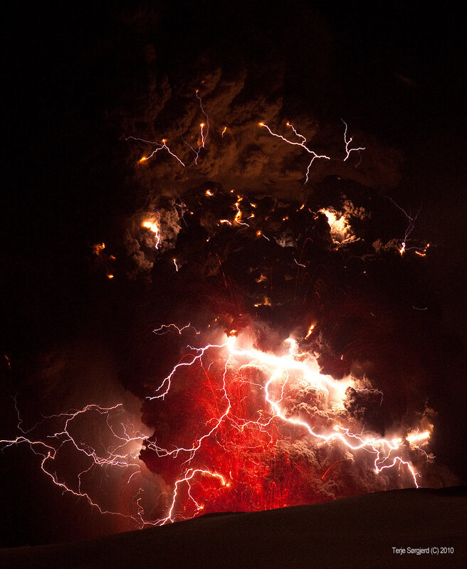 Volcanic eruption with lightning