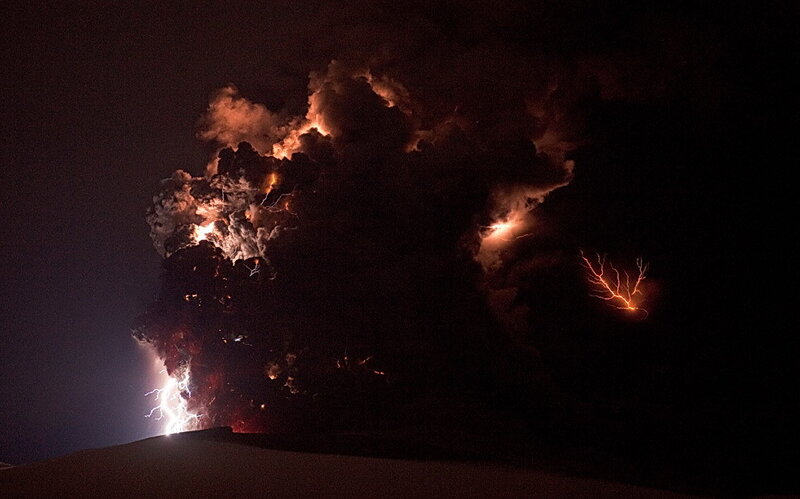 Volcanic eruption with lightning