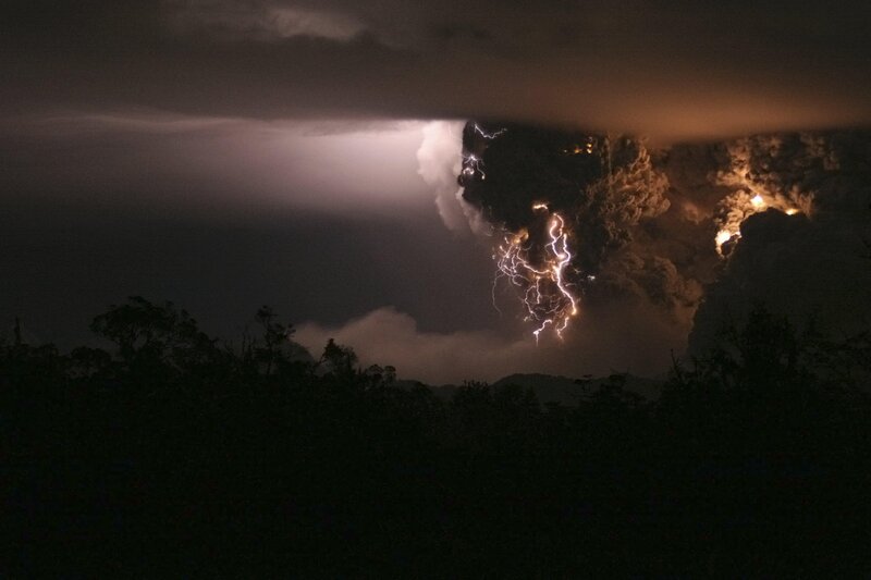 Volcanic Eruption with Lightning — Black, Dramatic, Night, Photograph, Ash Cloud, Forest