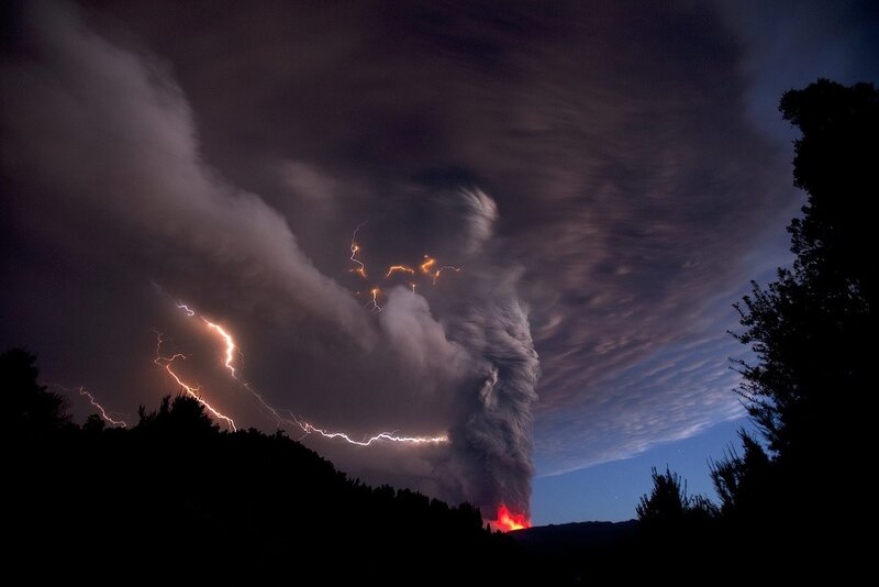 Volcanic Eruption with Lightning — Black, Dramatic, Night, Photograph, Ash Cloud, Lava, Gray, Orange