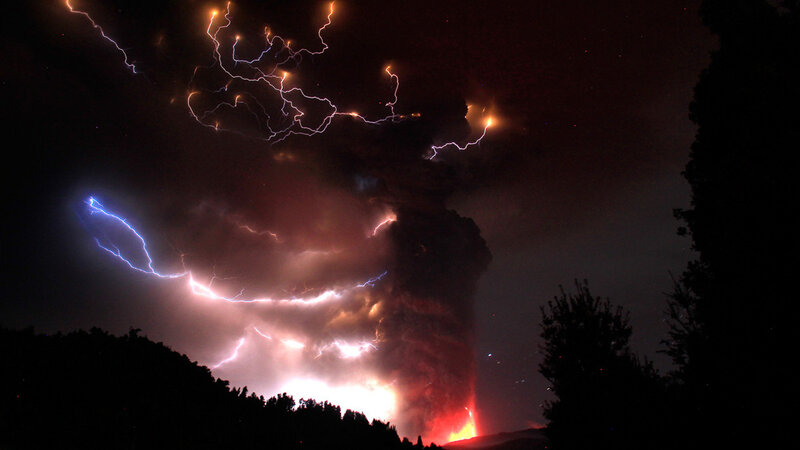 Volcanic Eruption with Lightning — Black, Dramatic, Night, Photograph, Ash Cloud, Lava