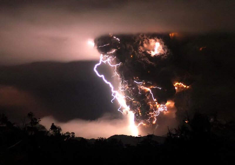 Volcanic Eruption with Lightning — Black, Dramatic, Night, Photograph, Ash Cloud, Mountain
