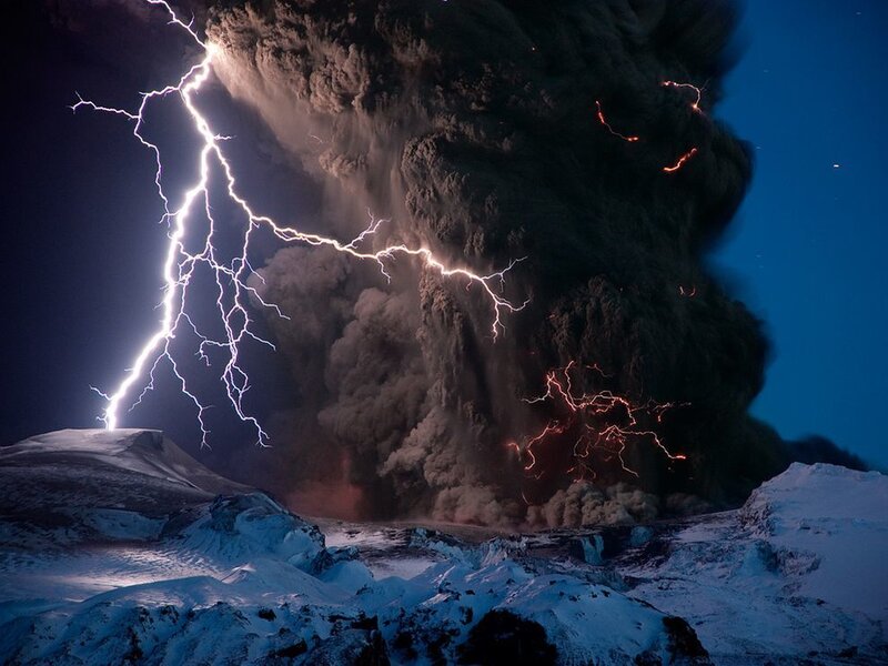 Volcanic Eruption with Lightning — Black, Dramatic, Night, Photograph, Ash Cloud, Snow-covered Mountains