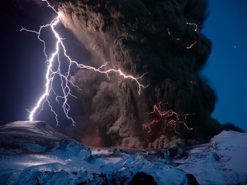 Volcanic Eruption with Lightning — Black, Dramatic, Night, Photograph, Ash Cloud, Snow