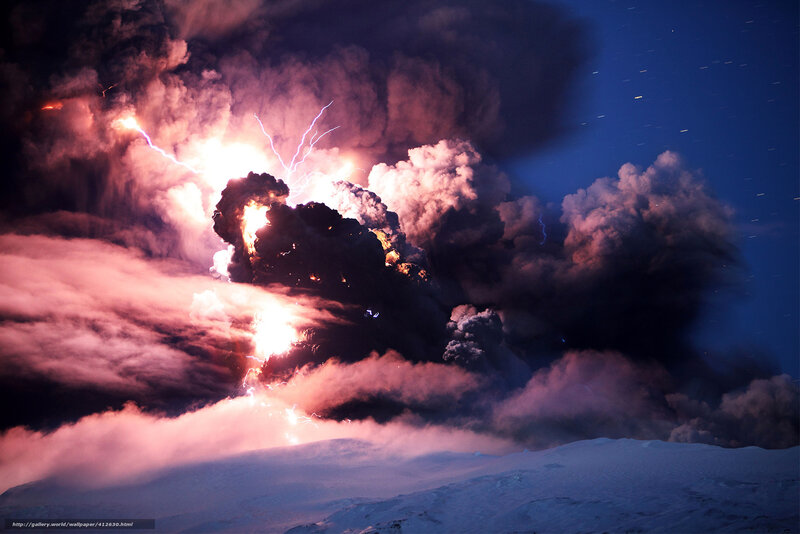 Volcanic Eruption with Lightning — Black, Dramatic, Night, Photograph, Ash Cloud, Snowy Landscape