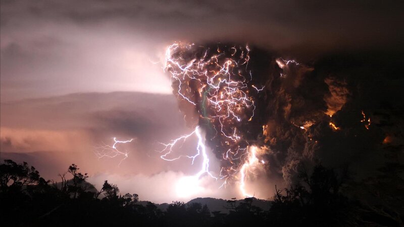 Volcanic Eruption with Lightning — Black, Dramatic, Night, Photograph, Ash Cloud
