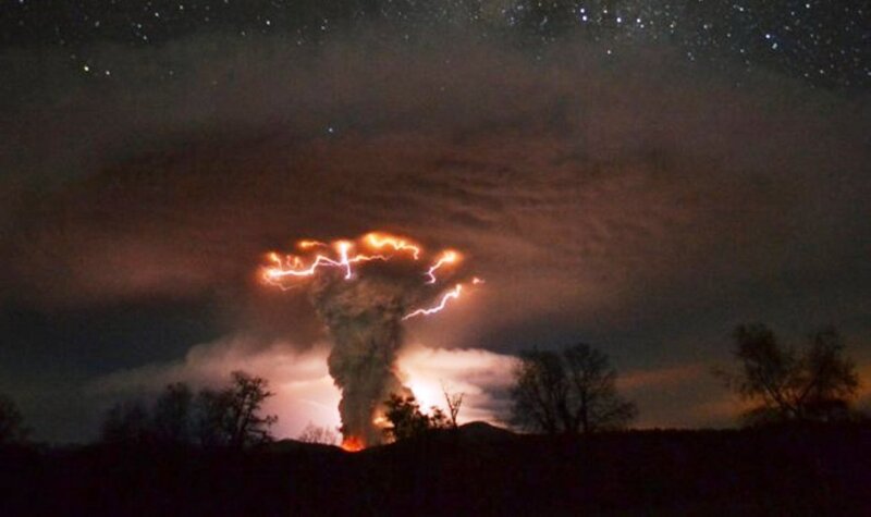 Volcanic Eruption with Lightning — Black, Dramatic, Night, Photograph, Ash Cloud, Trees