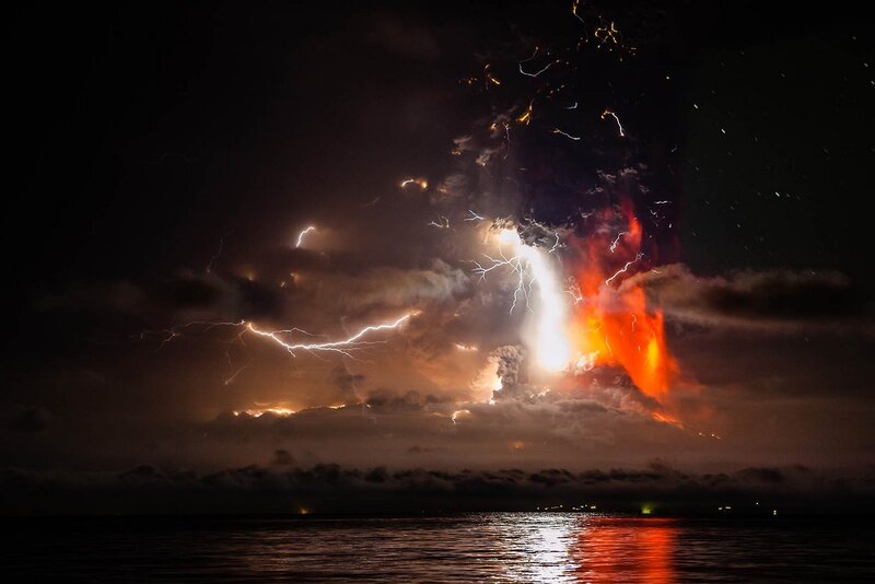 Volcanic Eruption with Lightning — Black, Dramatic, Night, Photograph, Clouds