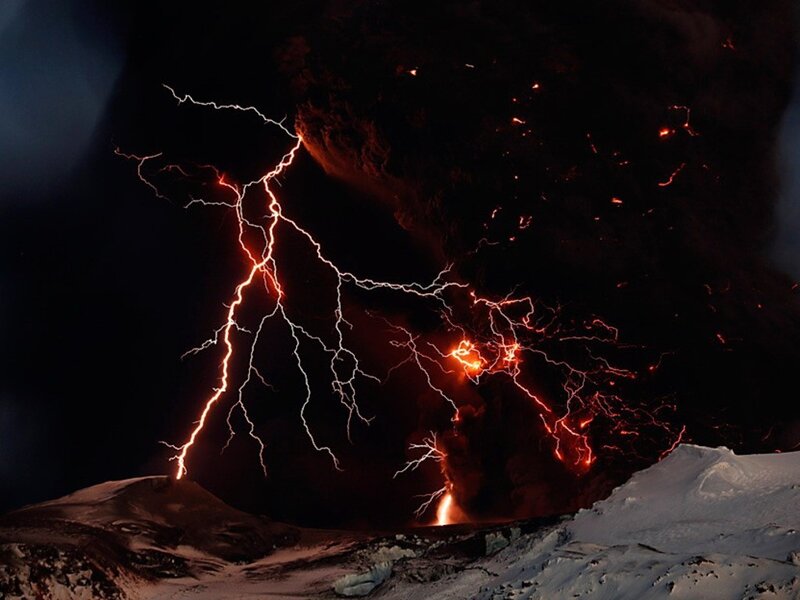 Volcanic Eruption with Lightning — Black, Dramatic, Night, Photograph, Lava, Snow, Red