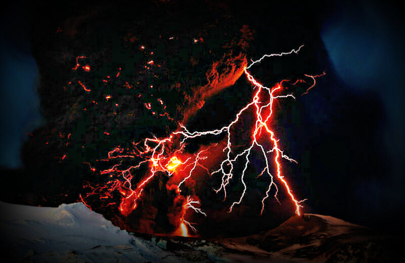 Volcanic Eruption with Lightning — Black, Dramatic, Night, Photograph, Lava, Snow