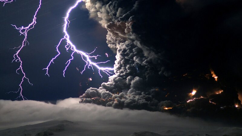 Volcanic Eruption with Lightning — Black, Lava
