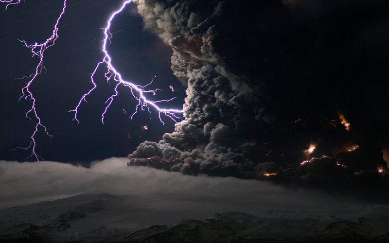 Volcanic Eruption with Lightning — Dramatic, Purple