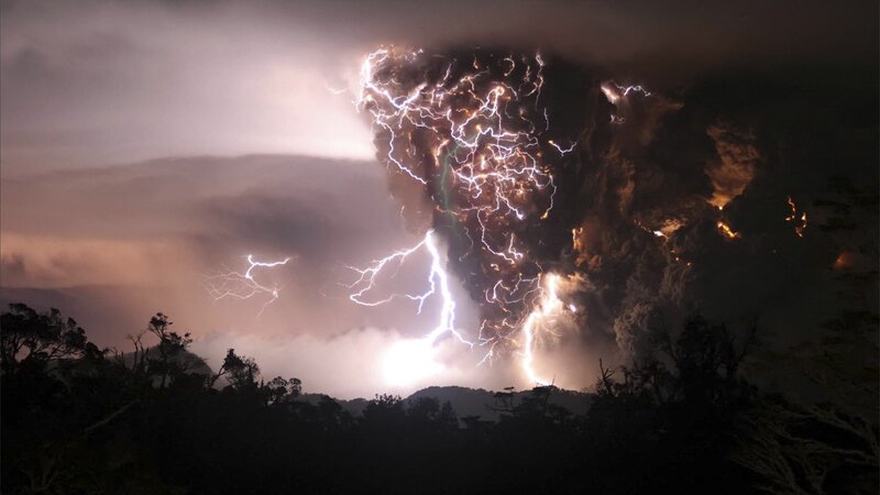 Volcanic Eruption with Lightning — Dramatic, White