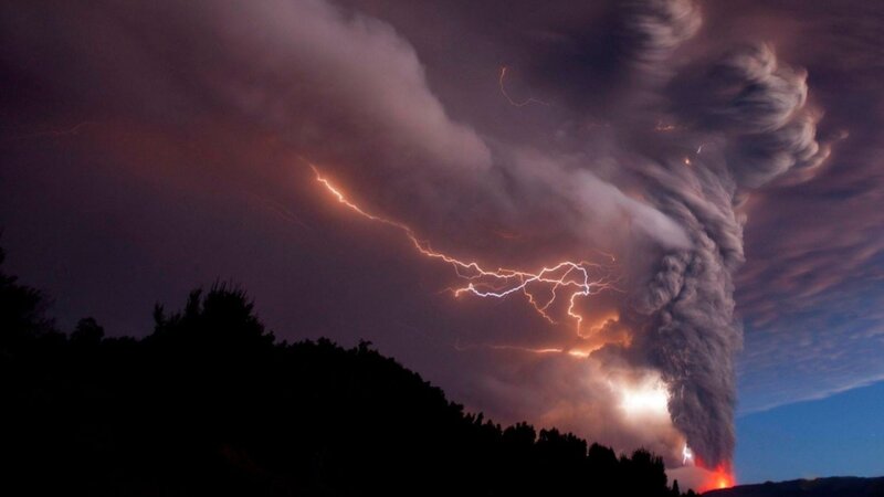 Volcanic Eruption with Lightning — Gray, Dramatic, Night, Photograph