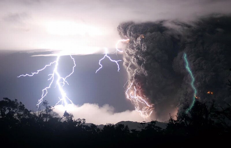 Volcanic Eruption with Lightning — Gray, Dramatic, Night
