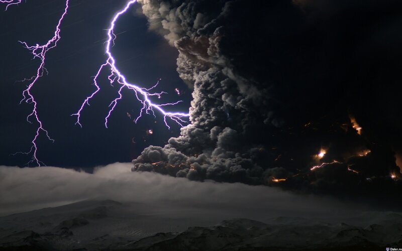 Volcanic Eruption with Lightning — Night, Photograph