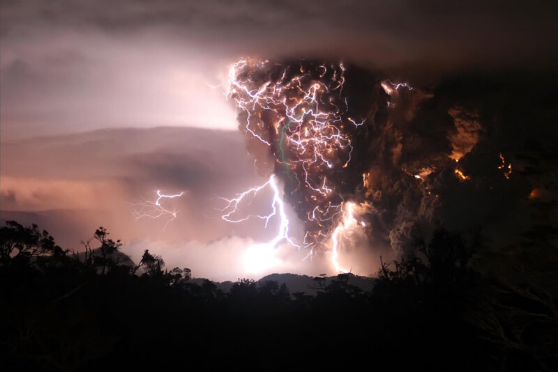 Volcanic Eruption with Lightning — Night, Trees