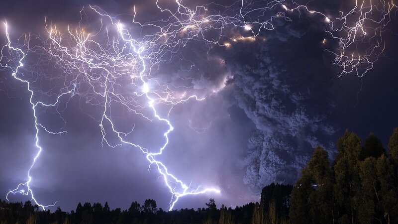 Volcanic Eruption with Lightning — Purple, Dramatic, Night, Photograph, Ash Cloud, Trees