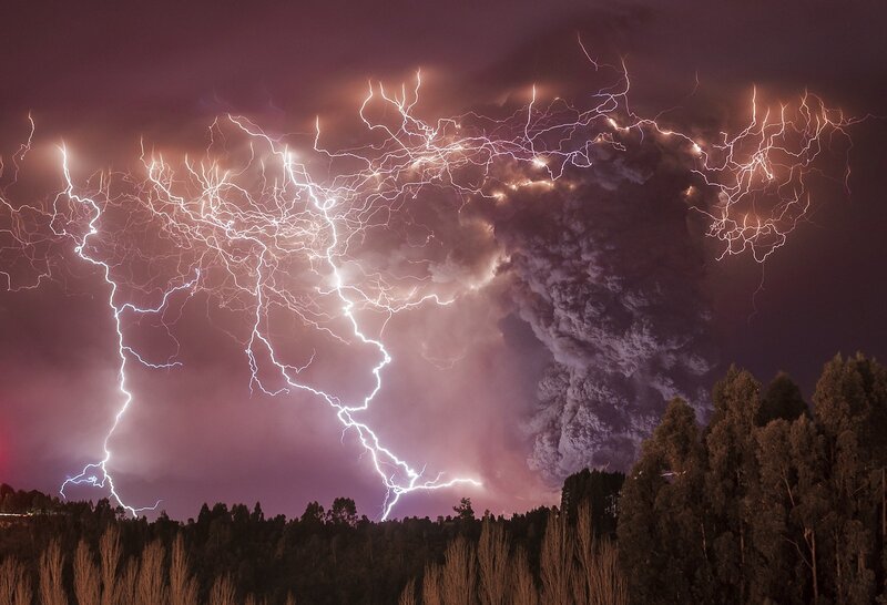 Volcanic Eruption with Lightning — Purple, Dramatic, Night, Photograph