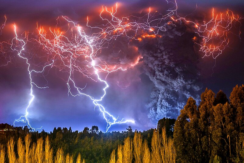 Volcanic Eruption with Lightning — Purple, Dramatic, Night