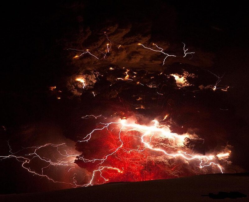 Volcanic Eruption with Lightning — Red, Dramatic, Night, Photograph, Ash Cloud, Lava