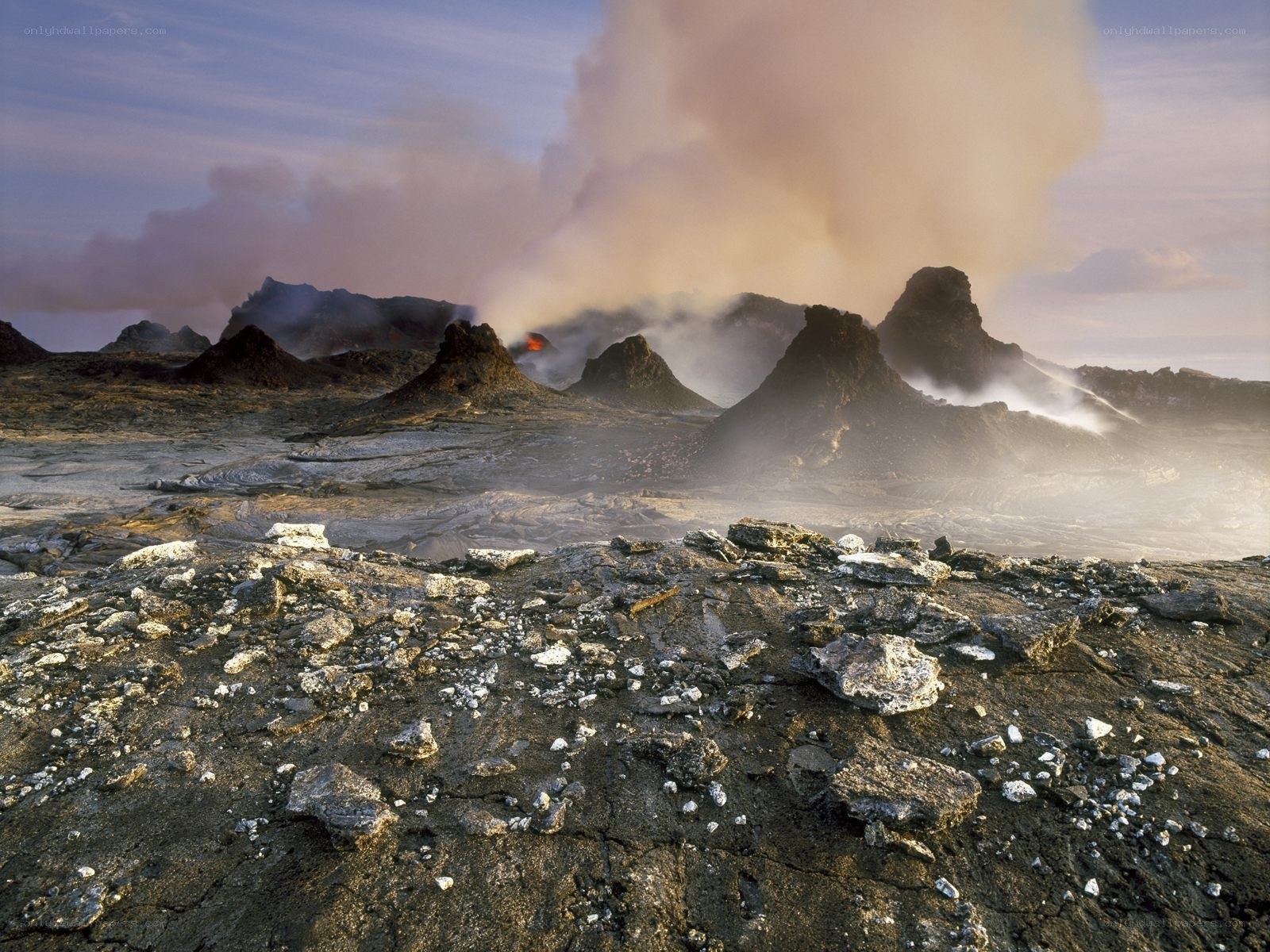 Volcanic eruption with smoke plume