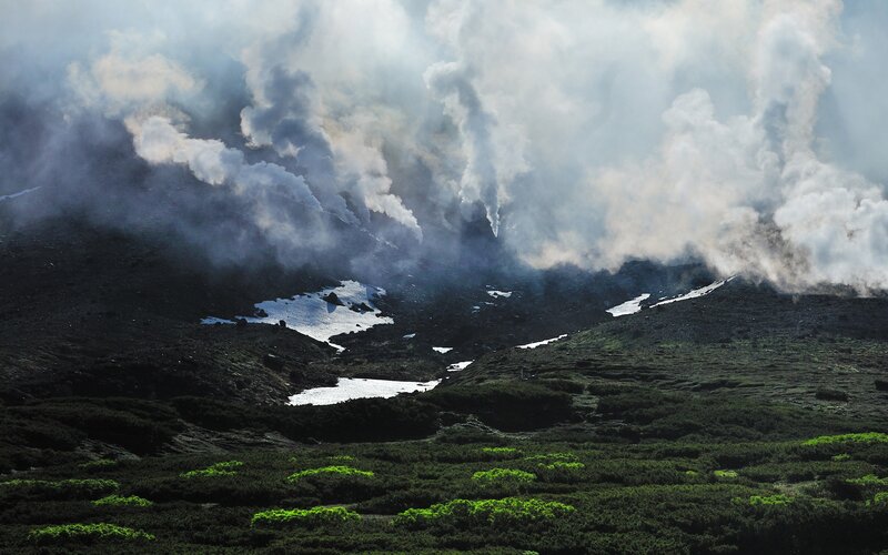 Volcanic fumaroles on a mountain