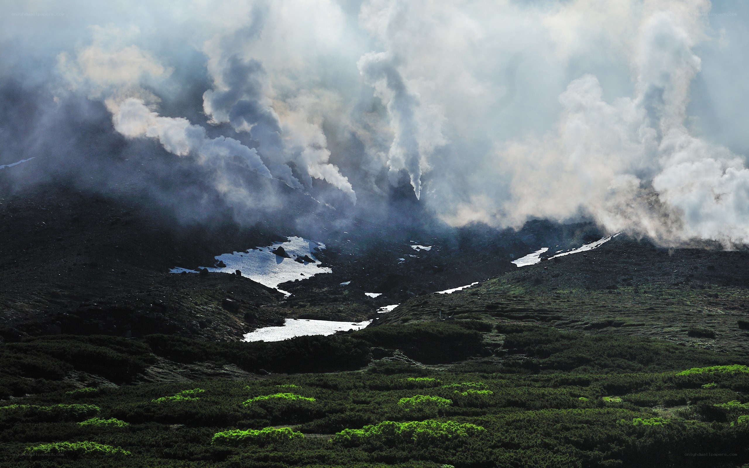 Volcanic fumaroles on a mountain