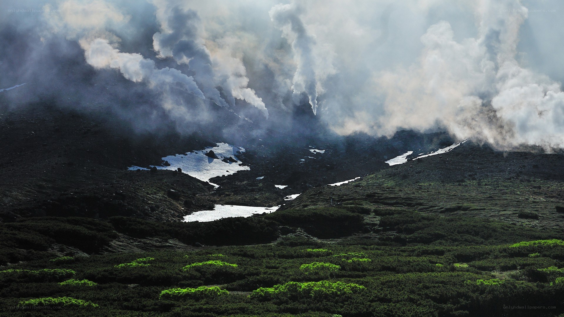 Volcanic fumaroles on a mountain
