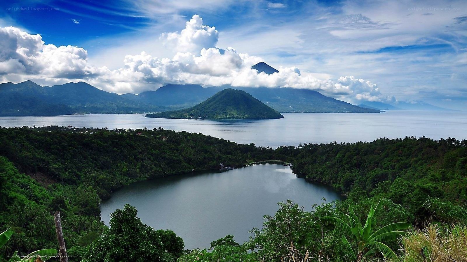 Volcanic island and lake landscape