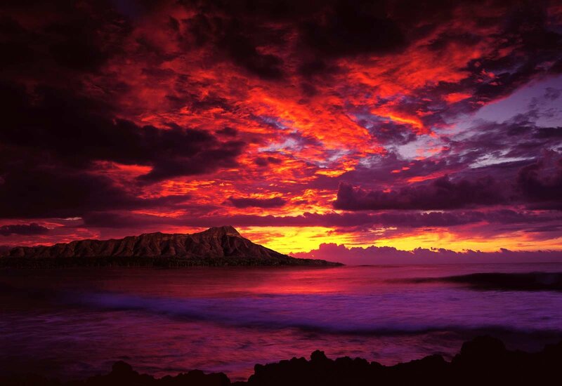 Volcanic Island at Sunset — Red