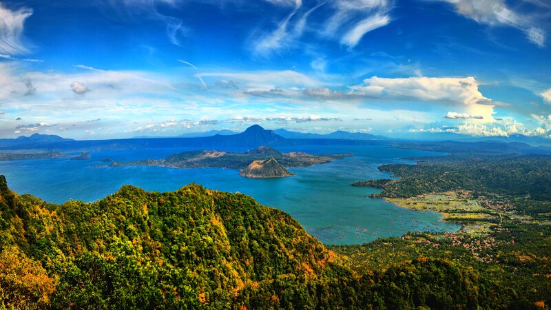 Volcanic Island in Lake — Blue