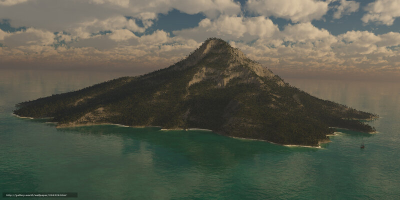 Volcanic Island in Ocean — Green, Serene
